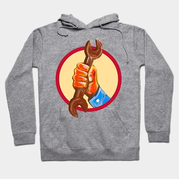 Mechanic Hand Holding Spanner Circle Watercolor Hoodie by patrimonio